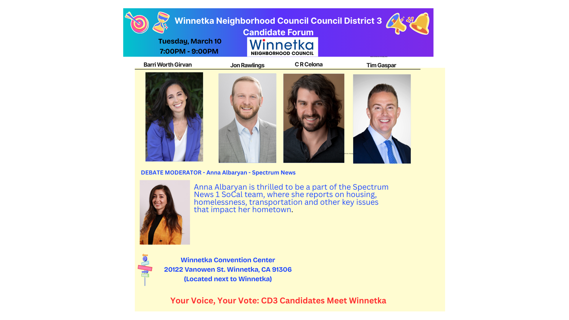 Winnetka Neighborhood Council to host the Council District 3 Candidate Forum
