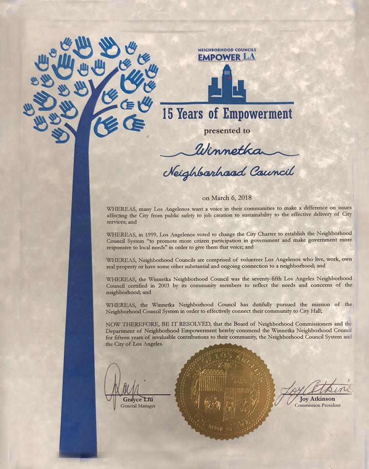 15 year award for Winnetka Neighborhood Council